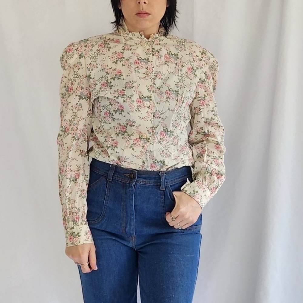 70s Ivory and Pink Floral Home Made Blouse